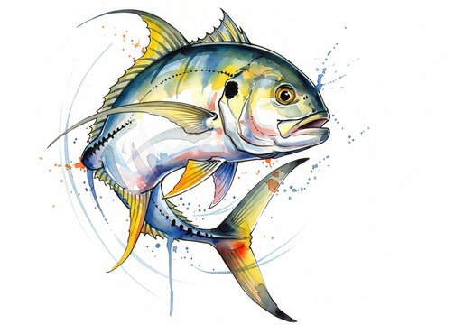  Jack Crevalle watercolor, animal fish underwater life, white background