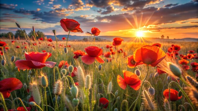 Vibrant red poppies bloom in a golden wheat field at sunset with dramatic clouds and warm sun rays