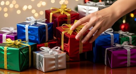Womans hand choosing Christmas gifts.