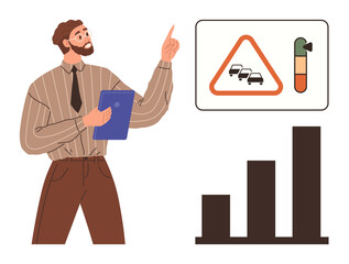 Bearded man in formal attire pointing to traffic warning sign and congestion level indicator, standing beside bar chart. Ideal for analytics, traffic management, planning, education, business