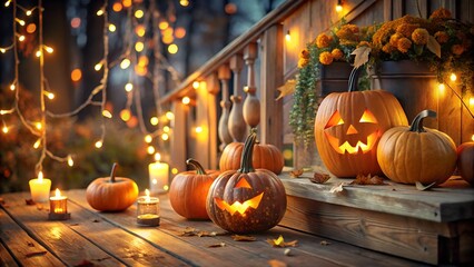 Obraz premium Cozy autumn evening halloween porch decoration with carved pumpkins and twinkling lights
