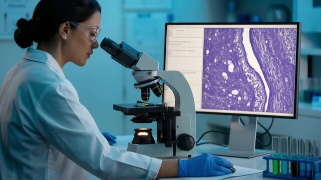 Medical research with microscope and histology analysis