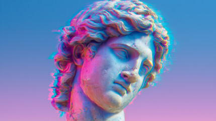 Classical statue with a digital glitch effect in pink and blue tones on a gradient background.