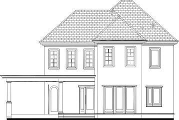 Two story residential house elevation vector, black and white architectural drawing, complex roof design, porch columns, arched doorway, symmetrical facade, detailed architectural illustration