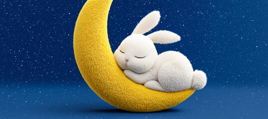 Cute white bunny sleeping on a yellow crescent moon under a starry night sky.