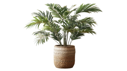 PNG of A vibrant, green potted plant in a woven basket, adding a touch of nature to any indoor space.