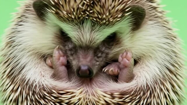 Close-up of a curled-up hedgehog with its face and paws visible against a light green background.