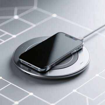 Smartphone negro cargando sobre una base inal&aacute;mbrica de dise&ntilde;o minimalista. Fondo gris con patr&oacute;n de red digital. Concepto de tecnolog&iacute;a, conectividad y energ&iacute;a sin cables