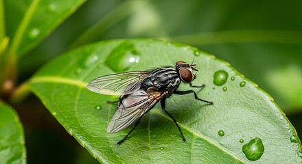 Fototapeta premium Housefly on Dewy Leaf Closeup.