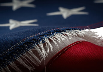 Extreme macro of American flag's frayed red and white edge, lustrous threads, blue field with stars, chiaroscuro studio light, subtle shadow on transparent, concept of detailed material study