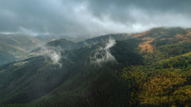 Aerial Drone Natural Landscape of Autumn Misty Weather