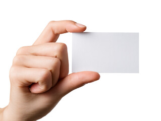 Female hand holding business card, pink beauty background, blank mockup template for design, cut out