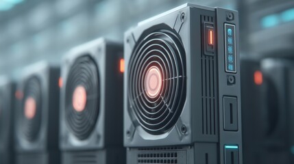 Fototapeta premium Detailed View of Modern Computer Server Cooling System with Red LED Indicator Light and Ventilation Fan in a Data Center Environment