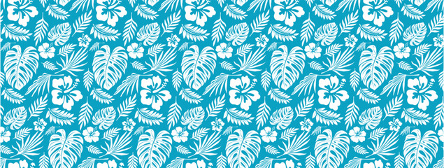 Tropical Seamless Pattern with White Hibiscus and Palm Leaves © Amir