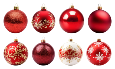 PNG Festive red Christmas ornaments collection, element set on transparent background