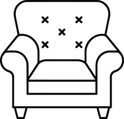 Classic upholstered armchair vector illustration, black and white line drawing, cushioned seat with buttons, padded armrests, tapered legs, minimalist furniture design