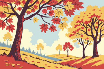Vibrant autumn landscape with colorful trees and falling leaves