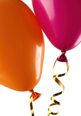 Extreme macro of orange and magenta balloons with gold ribbon on transparent, showcasing intricate textures and material properties. Concept of material study