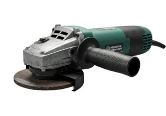 Modern electric angle grinder, industrial green, matte black, abrasive cutting disc with metallic dust, ergonomic grip, scuff marks, extreme macro, harsh studio lighting on transparent, industrial