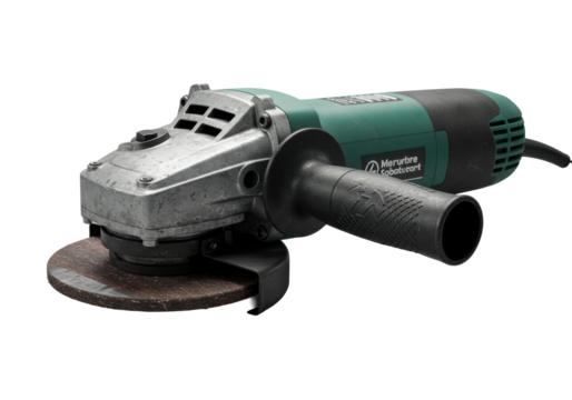 Modern electric angle grinder, industrial green, matte black, abrasive cutting disc with metallic dust, ergonomic grip, scuff marks, extreme macro, harsh studio lighting on transparent, industrial