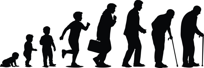 Silhouette sequence human life stages, baby toddler child teenager adult middle aged elderly senior cane, aging process evolution growth development people illustration concept