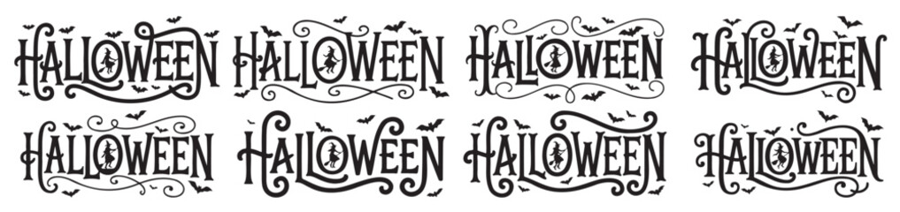 Halloween typography designs vintage style lettering with bats for holiday greeting cards and decorations