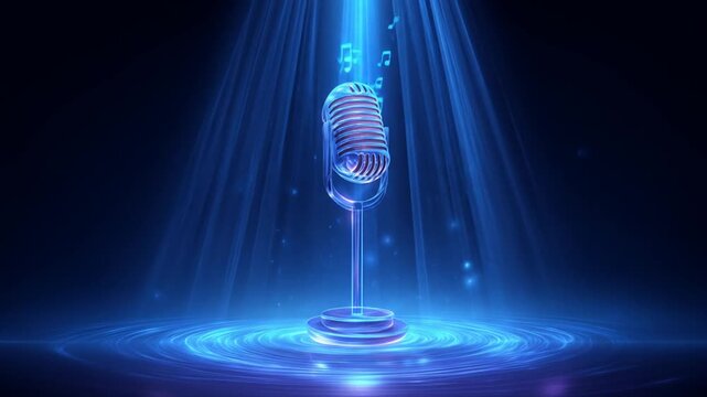 Digitally enhanced microphone illuminated by blue light in a dark studio environment