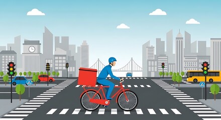 Delivery cyclist city street crossing.