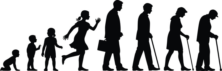 Human life cycle silhouettes, infant toddler child adolescent teenager adult businessman middle aged senior elderly woman man aging process timeline growth development evolution stages illustration
