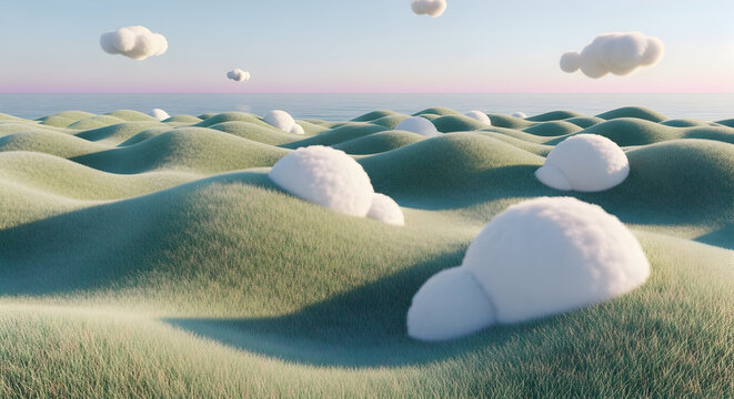 Fluffy white spheres on rolling green hills by the ocean