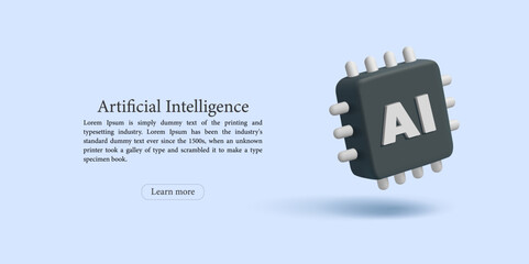 Microchip, artificial intelligence, 3D. Modern banner for concepts of new computer technologies, processors, semiconductors. Vector illustration.