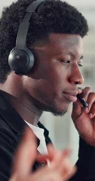 Agent, man and talking with headset in call center for product knowledge, lead generation or offer. Coworking, telemarketing consultant and speaking to outbound client for service promotion or upsell
