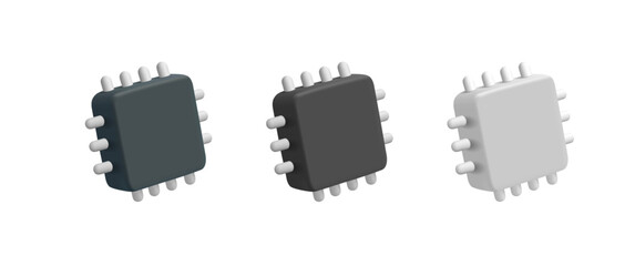 Set of colored simple 3D microchips, semiconductors. Icons on white background. For concepts of manufacturing, smart computing technology. Vector illustration.