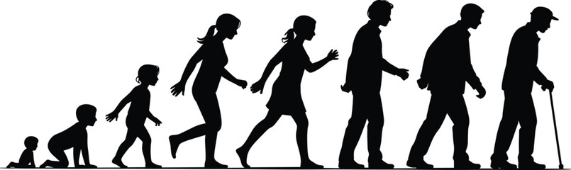 Silhouette evolution of human life stages, baby crawling, child running, teenager walking, adult progression, elderly with cane, concept of growth, aging, development, timeline illustration