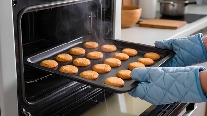 Freshly baked cookies being removed from oven with oven mitts.
