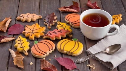 Autumn leaf and pumpkin cookies with tea on wooden table.