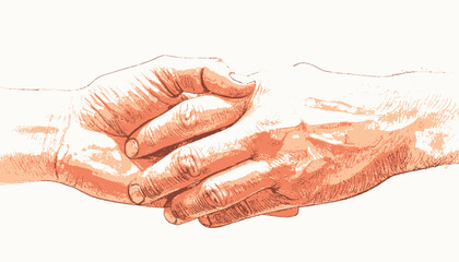 A detailed illustration of two hands clasped together, creating a visual symbol of connection