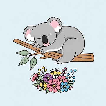 Sleeping Koala on Branch with Flowers. (1)
