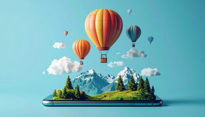 Fototapeta premium Hot air balloons over 3D mobile landscape