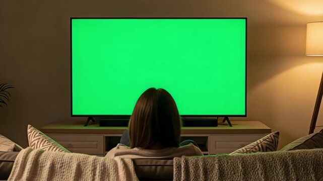 Cozy living room with viewer facing chroma green tv screen