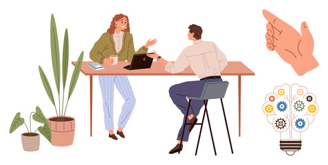 Two colleagues discuss ideas over a laptop at a desk, surrounded by plants and a bulb with gears. Ideal for collaboration, creativity, innovation, teamwork, productivity, office culture, simple flat