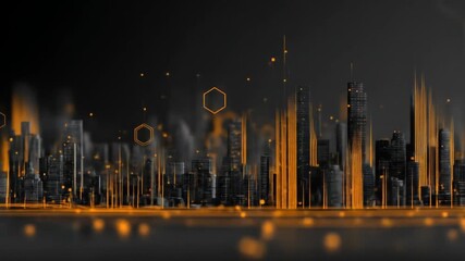Abstract digital cityscape with glowing lines and futuristic hexagon shapes - Powered by Adobe