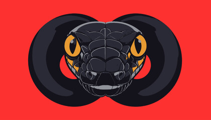 A detailed digital illustration of a snake head, centered on a red background with black and yellow detailing