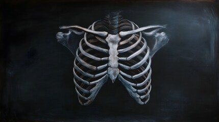 Anatomical illust n of a human rib cage rendered in chalk on a dark blackboard background