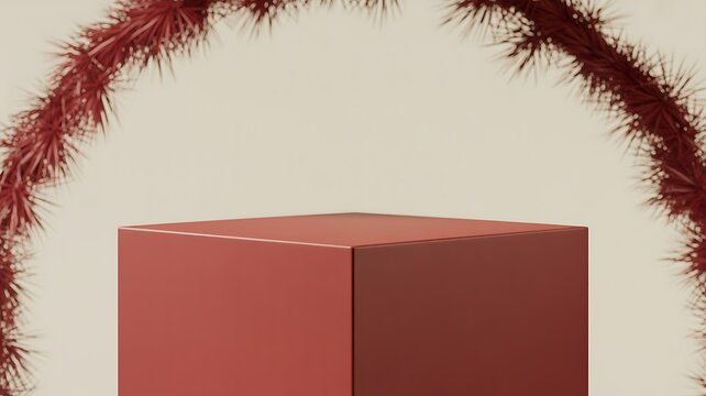 Red geometric podium with a red spiky archway against a cream background cube stage