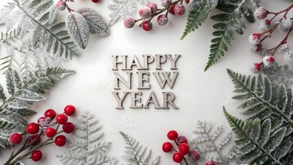 Frosted Fern Leaves and Red Berries Holiday Frame with Happy New Year Text on Light Grey Background