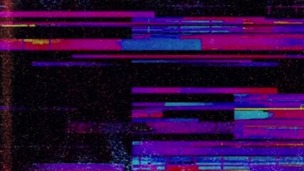 Abstract digital glitch with colorful pixelated bars and lines on a dark background. A dynamic, futuristic overlay for tech, cyberpunk, or sci-fi themes. Seamlessly loopable animation.