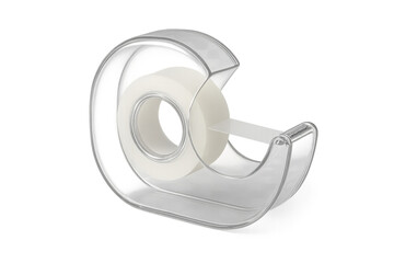 Clear tape dispenser holding adhesive tape on transparent background