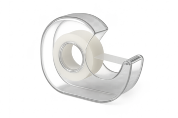 Clear tape dispenser holding adhesive tape on transparent background