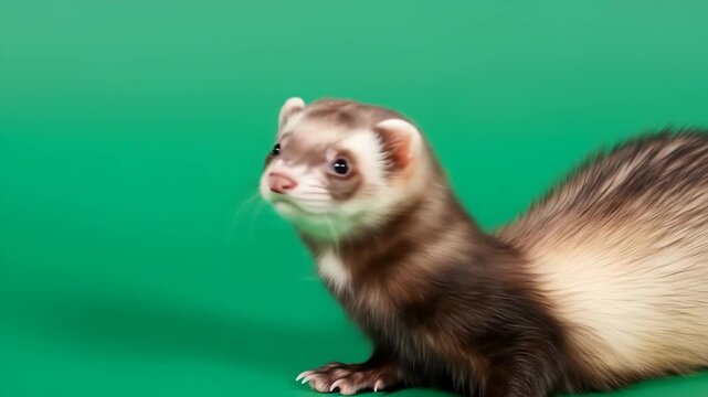 A curious ferret with brown and cream fur looks upwards against a vibrant green backdrop.